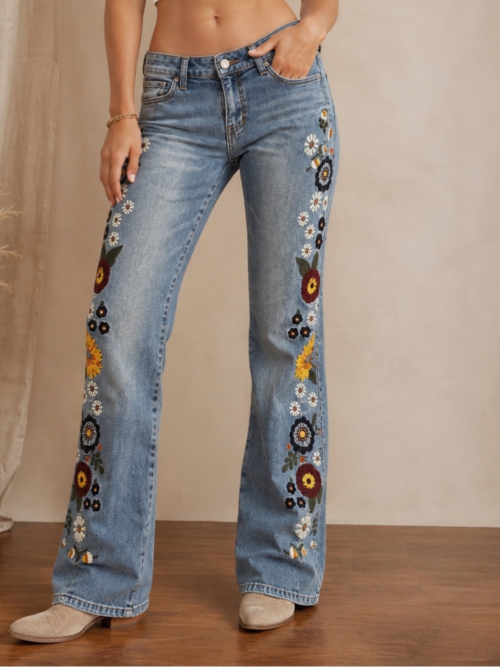Ashley Mason Light Blue Embroidered Floral Boot Cut Jeans